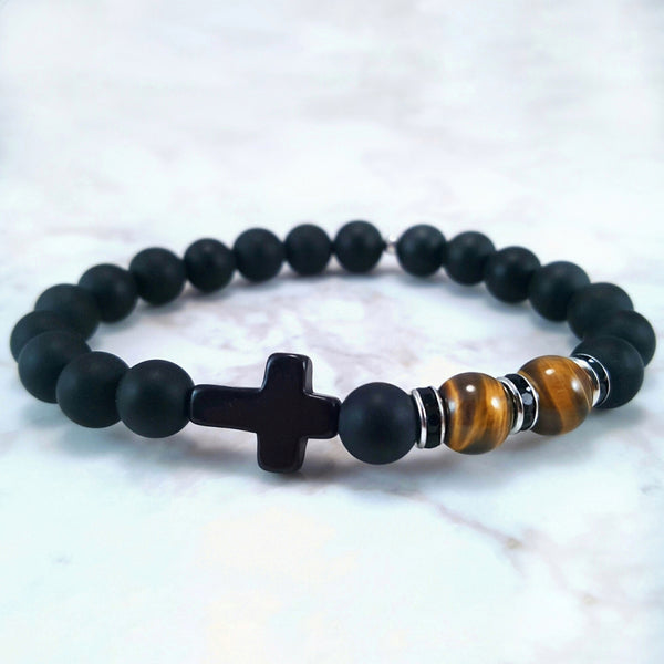 HOKPLITE Men's Stretch Beaded Cross Bracelet - Inspirational Faith Jewelry Gift