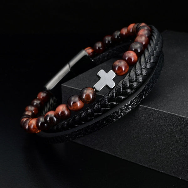 Red Tiger Eye & Black Leather Faith - Gemvius