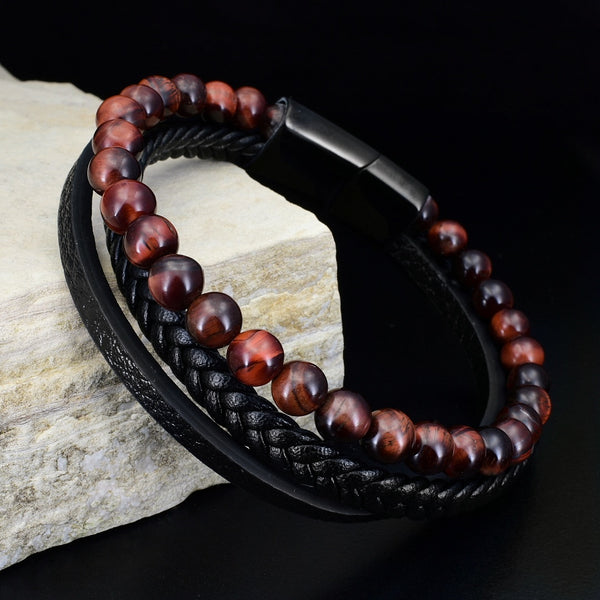 Red Tiger Eye & Black Leather
