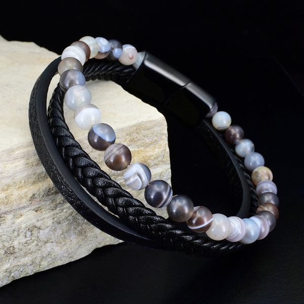 Botswana Agate & Black Leather