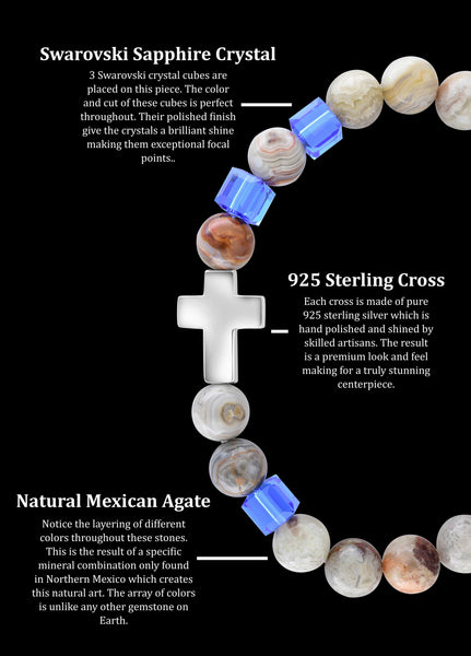 September Sapphire Cross Mexican Agate (8mm)